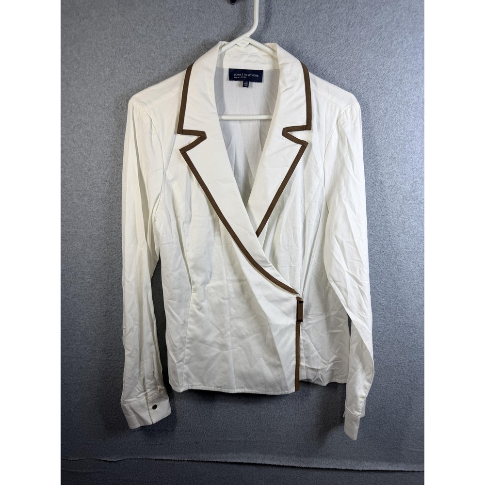 Jones New York Blazer Womens Large White Wrap Cotton Brown Trim Jacket